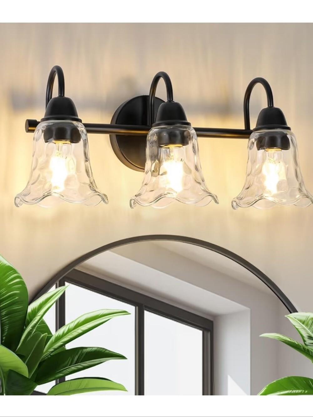 Amruipo NWT Bathroom 3-Light Fixture Hammered Glass & Black Metal Gooseneck